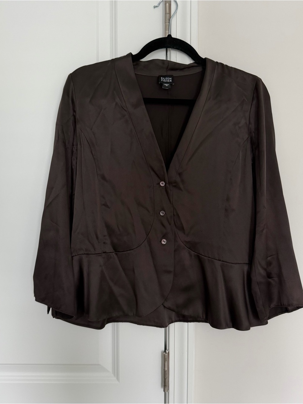 Eileen Fisher 100% Silk Peplum Blouse – Size S | Minimalist Silk Top